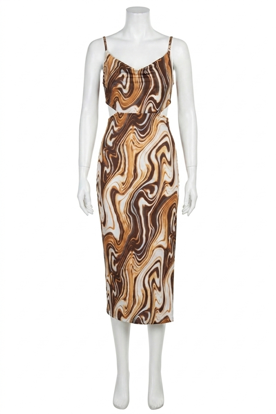 NEW ENDLESS BLU. marble-print cowl stretch-jersey cutout midi dress in rust/brow